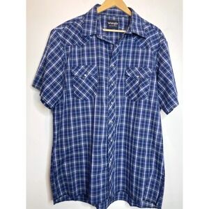 Wrangler Blue Plaid Short Sleeve Pearl Snap Western Shirt Mens